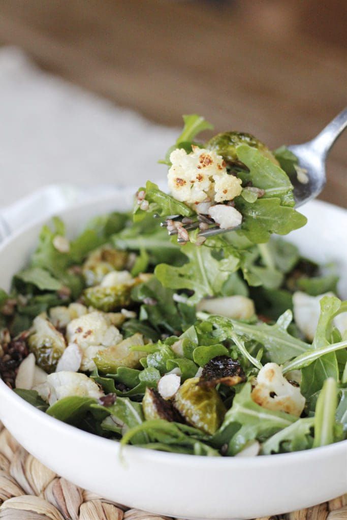 Harvest Salad with roasted brussels sprouts and cauliflower and shallot dijon dressing